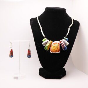 Colorful Swirls Enamel over Hammered Silver Tone Bib Necklace + Dangle Earrings